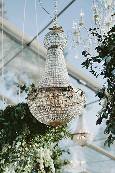 Stunning 90cm Empire chandelier in an outdoor clear marquee