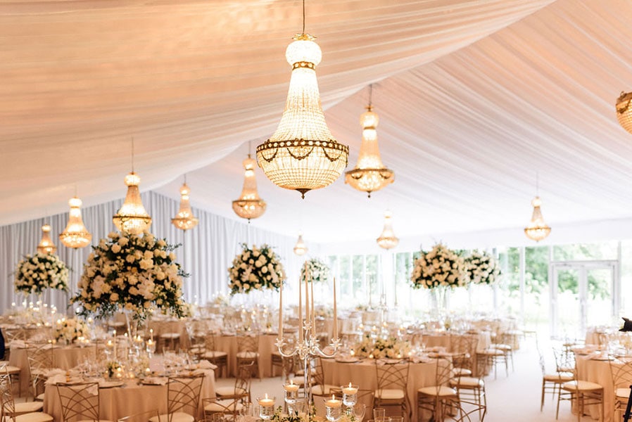 1.15 metre Empire chandeliers at a wedding party, available to hire in Somerset 