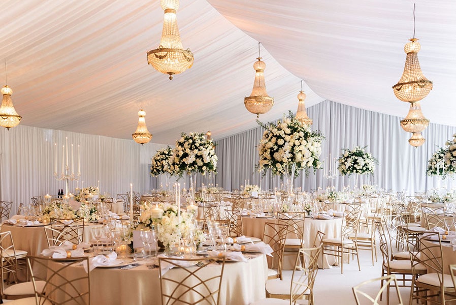 1.65 metre Empire chandeliers at a wedding, available to hire