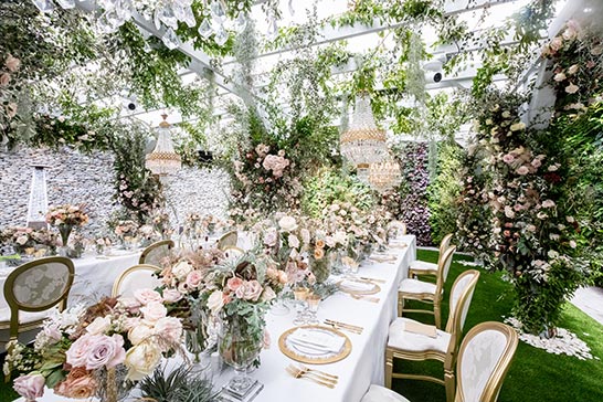 White and gold wedding design with vintage crystal and antique gold chandeliers at wedding feast