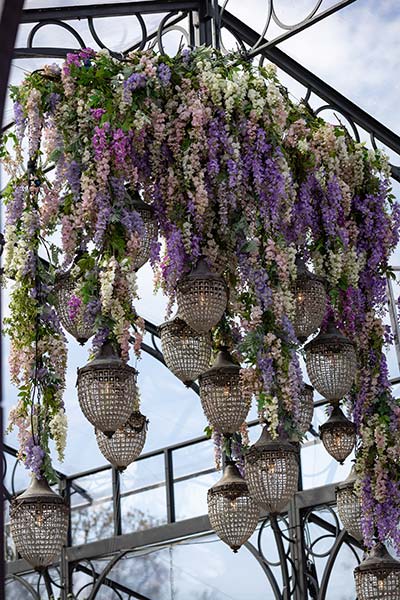 Acorn Chandeliers with stock flowers at Sibton Park