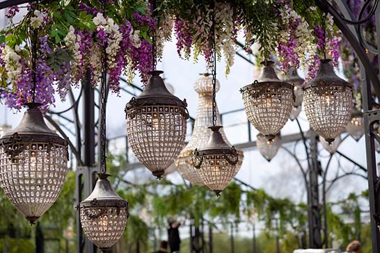 Acorn chandeliers for hire at a wedding at the Wilderness Reserve Sibton Park
