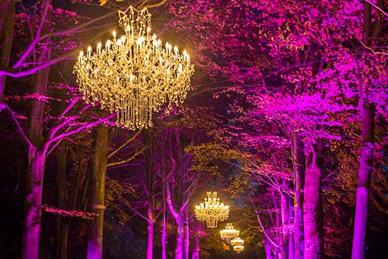 Outdoor chandelier trees at Leeds Castle Lights