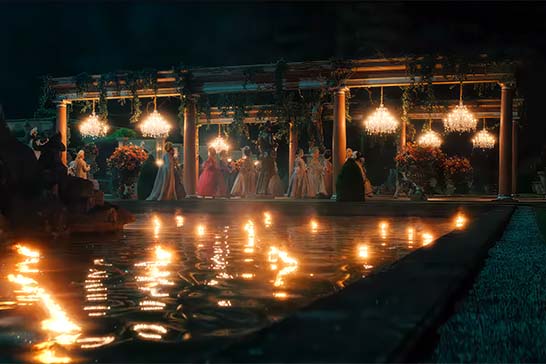Queen Charlotte film set with chandeliers hired from Crescent Moon