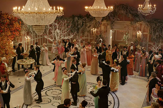Bridgerton Netflix season 3 Regency chandeliers illuminate ballroom scene