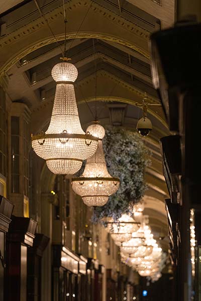 3.5 meter giant Empire Chandeliers for hire seen at Burlington Arcade
