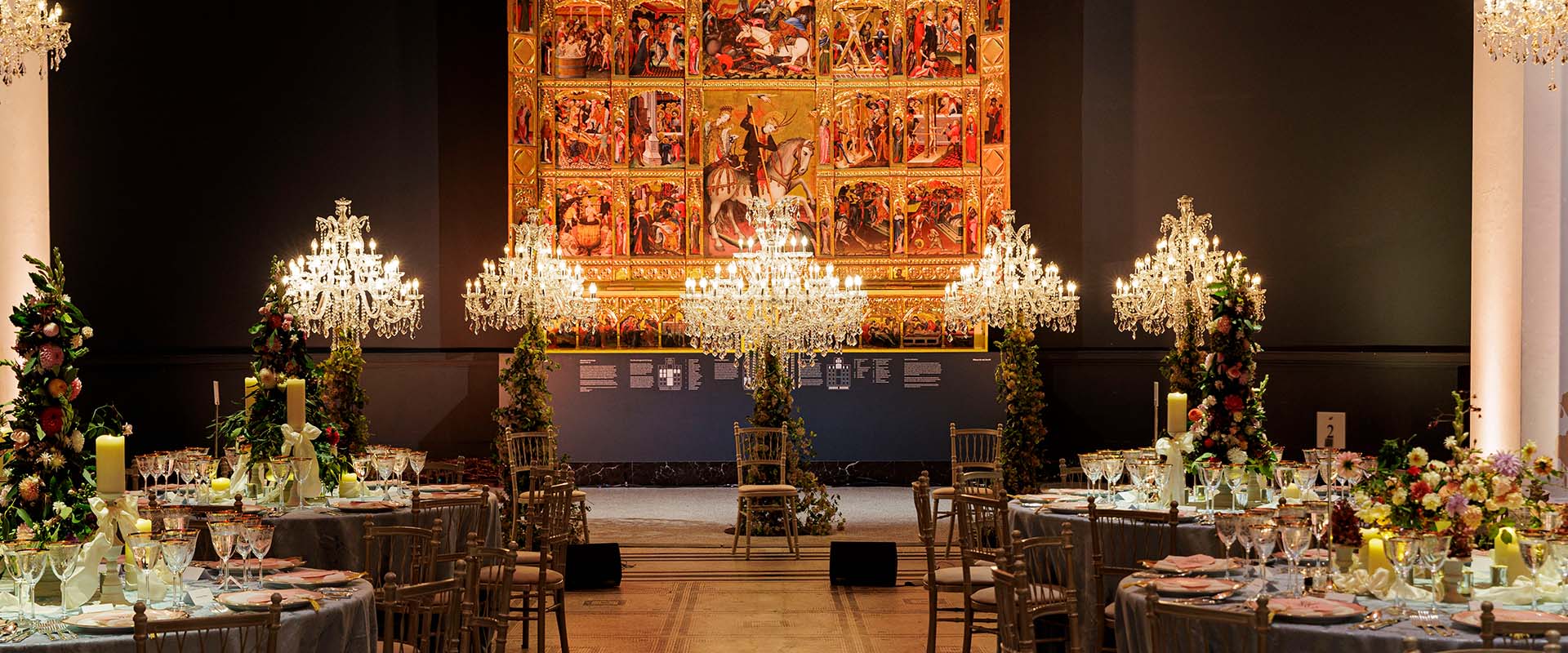 Floorstanding chandeliers at dinner preview event for Marie Antoinette