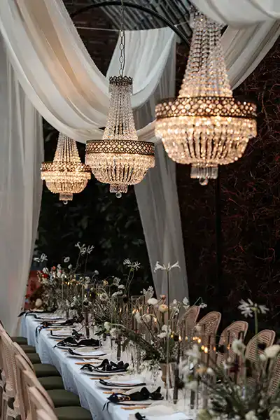 French Crystal Necklace Empire at wedding event on chandelier arch stands